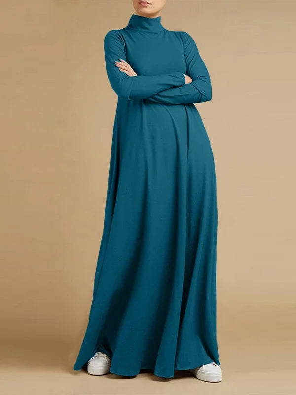Vestido Maxi Casual Solto 4 Cores Com Gola Alta E Mangas Compridas