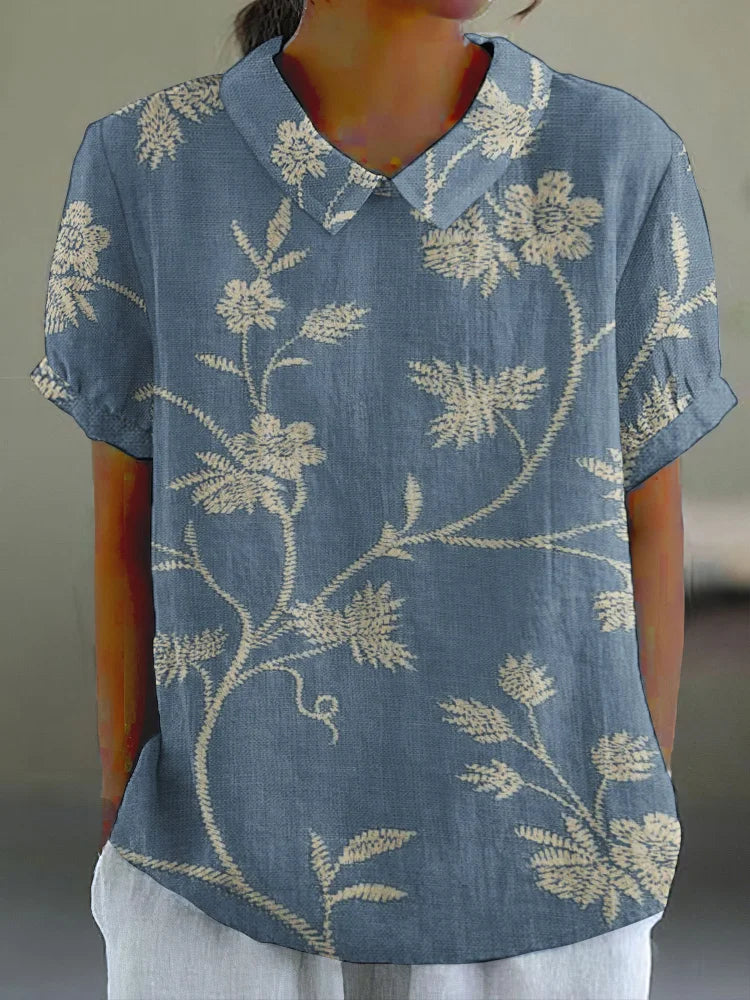 Camisa De Linho Com Bordado Floral Vintage Magda