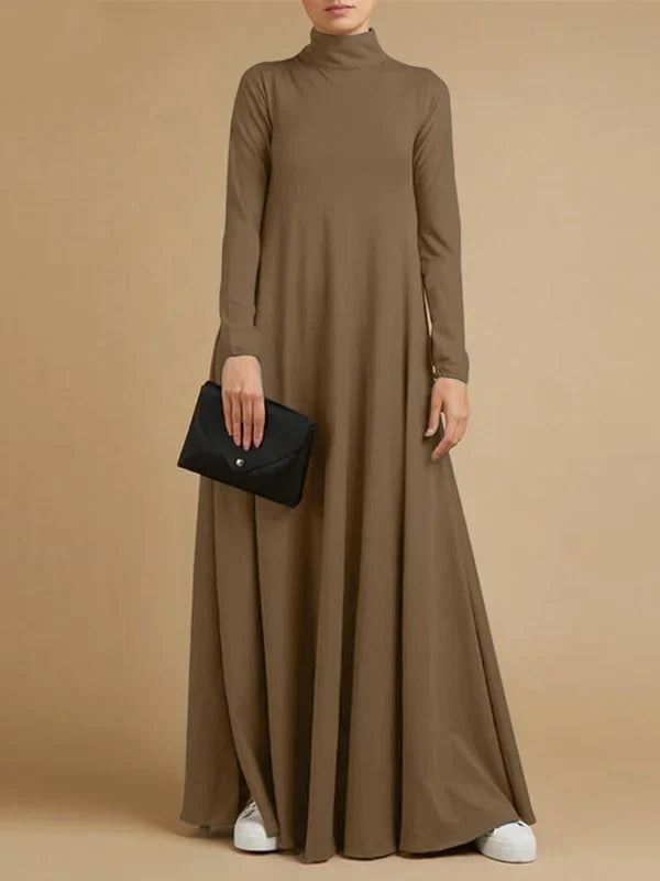 Vestido Maxi Casual Solto 4 Cores Com Gola Alta E Mangas Compridas Marrom / P