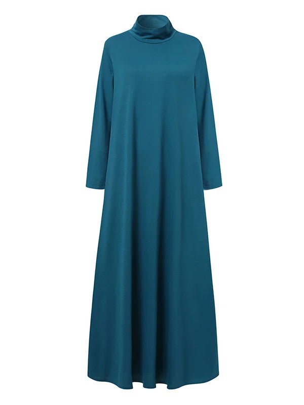 Vestido Maxi Casual Solto 4 Cores Com Gola Alta E Mangas Compridas