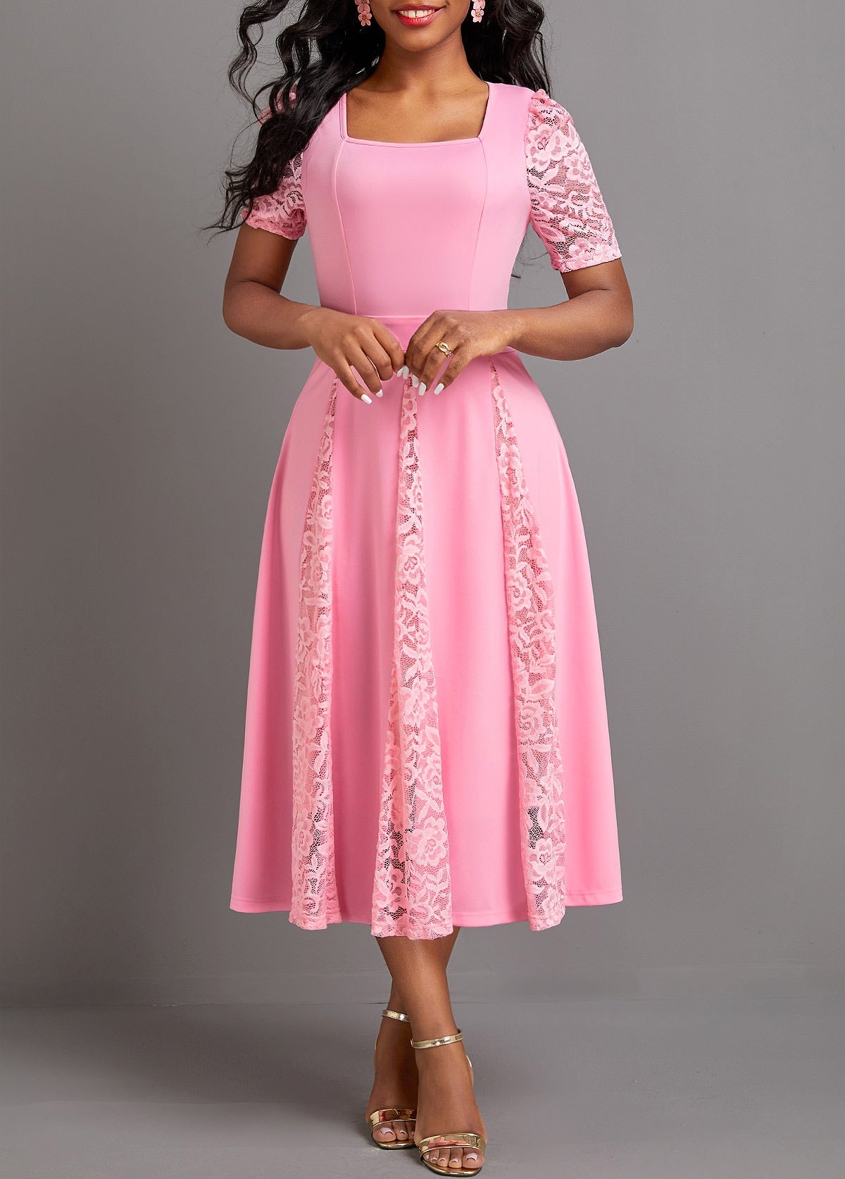 Vestido De Meia Manga Rosa Patchwork Com Decote Quadrado