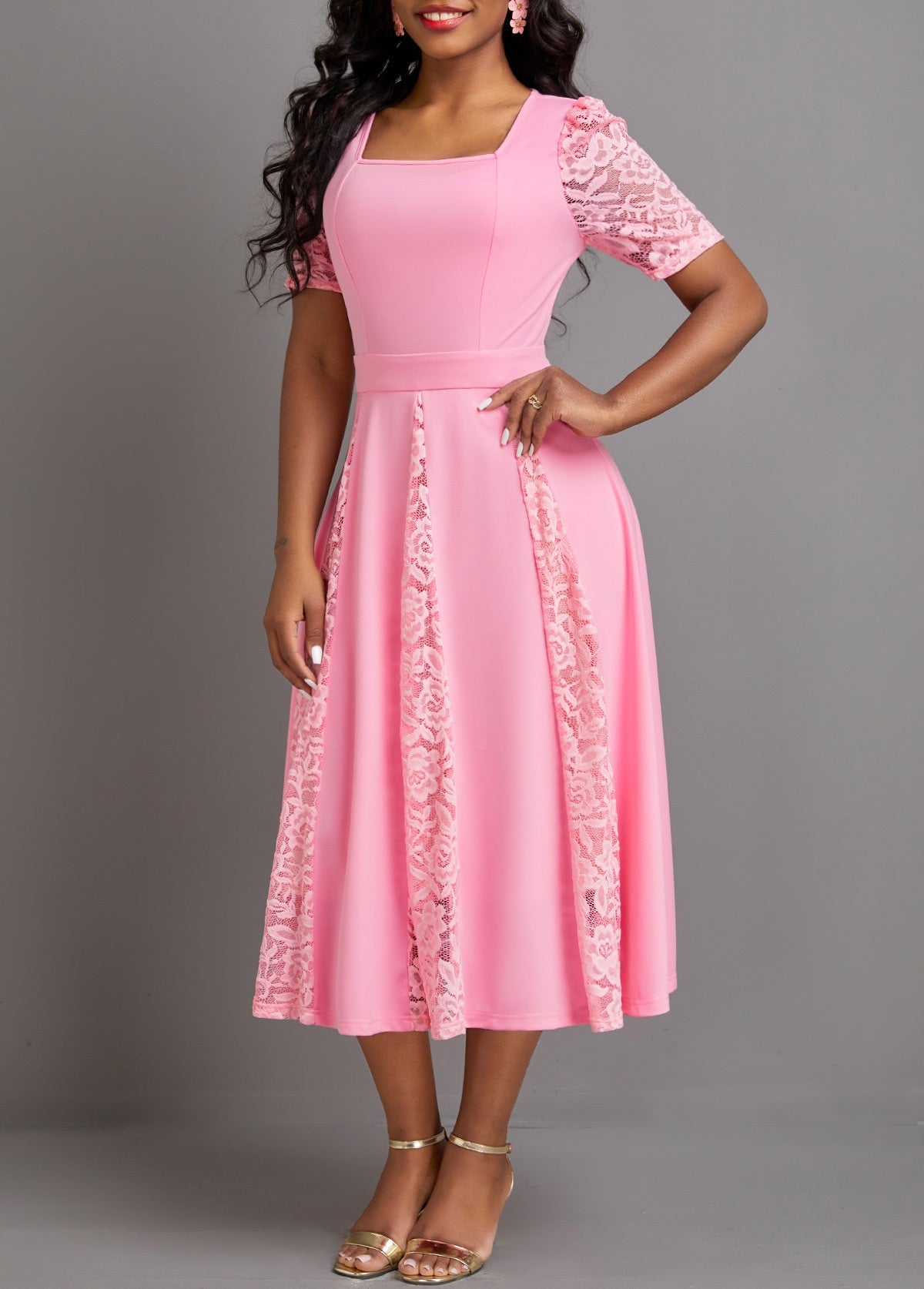 Vestido De Meia Manga Rosa Patchwork Com Decote Quadrado