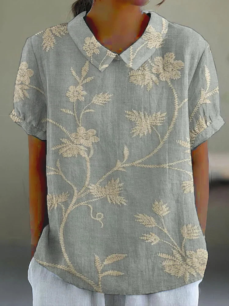 Camisa De Linho Algodão Casual Com Estampa Floral Retrô Feminina Comstylish Cinza / P