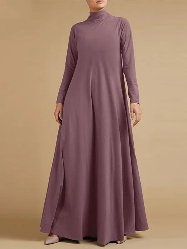 Vestido Maxi Casual Solto 4 Cores Com Gola Alta E Mangas Compridas