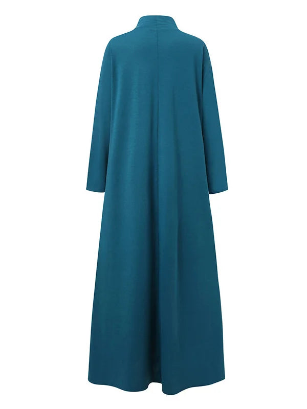 Vestido Maxi Casual Solto 4 Cores Com Gola Alta E Mangas Compridas