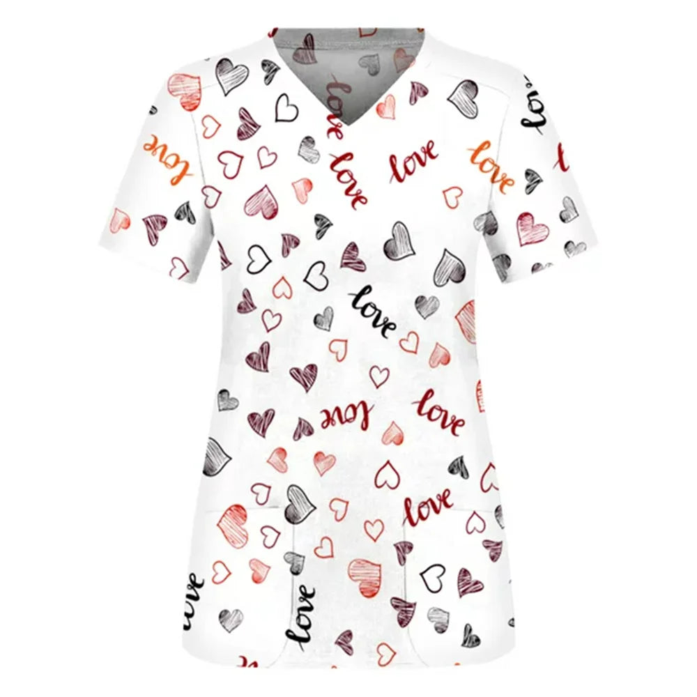 Love Womens T - Shirts Medical Nursing Uniform Stretch Ombre Print V - Neck Short Sleeve T Shirt