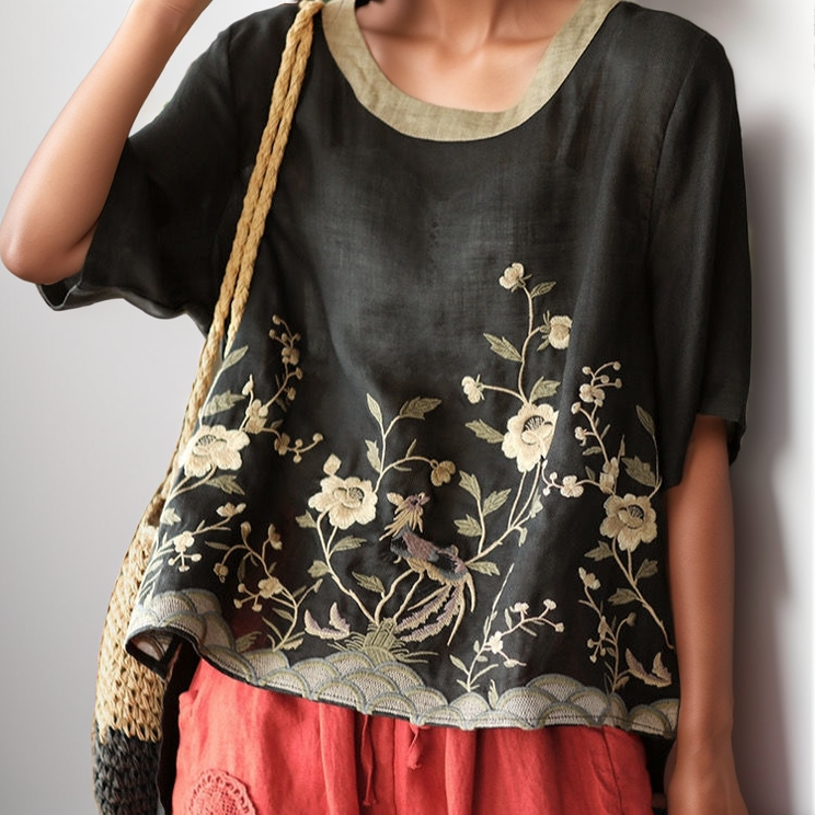 Camisa Com Bordado Floral Jacobina Preta / M