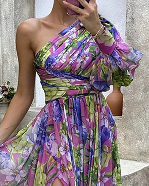 Vestido Maxi Floral Com Manga Lanterna E Um Ombro Fenda Alta