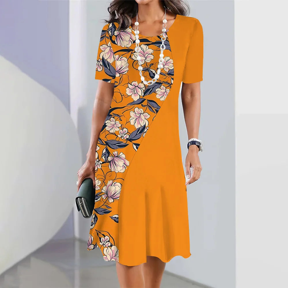 Summer Dresses For Women Fashion Colorblock Print Top Holiday Casual Short Sleeve Harajuku Floral