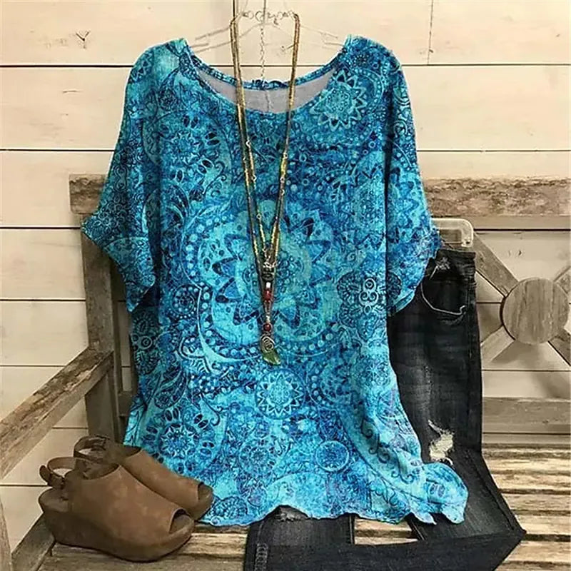 2023 New Summer 3D Flower Prin O-Neck Short Sleeve Round Neck Ladies T-Shirt Fashion Tops Casual