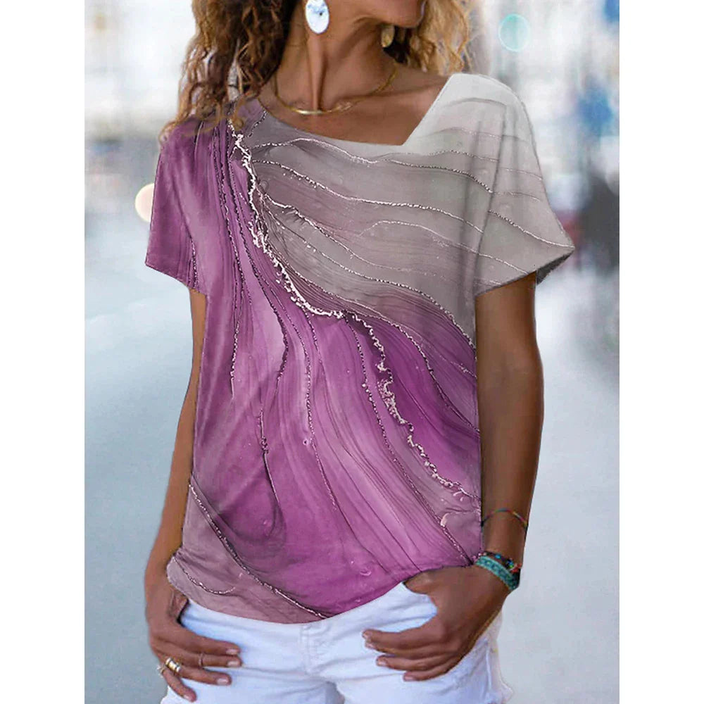2023 Women’s Floral Theme Printed Painting Tee Shirts V Neck Casual Female Daily Pullover New T