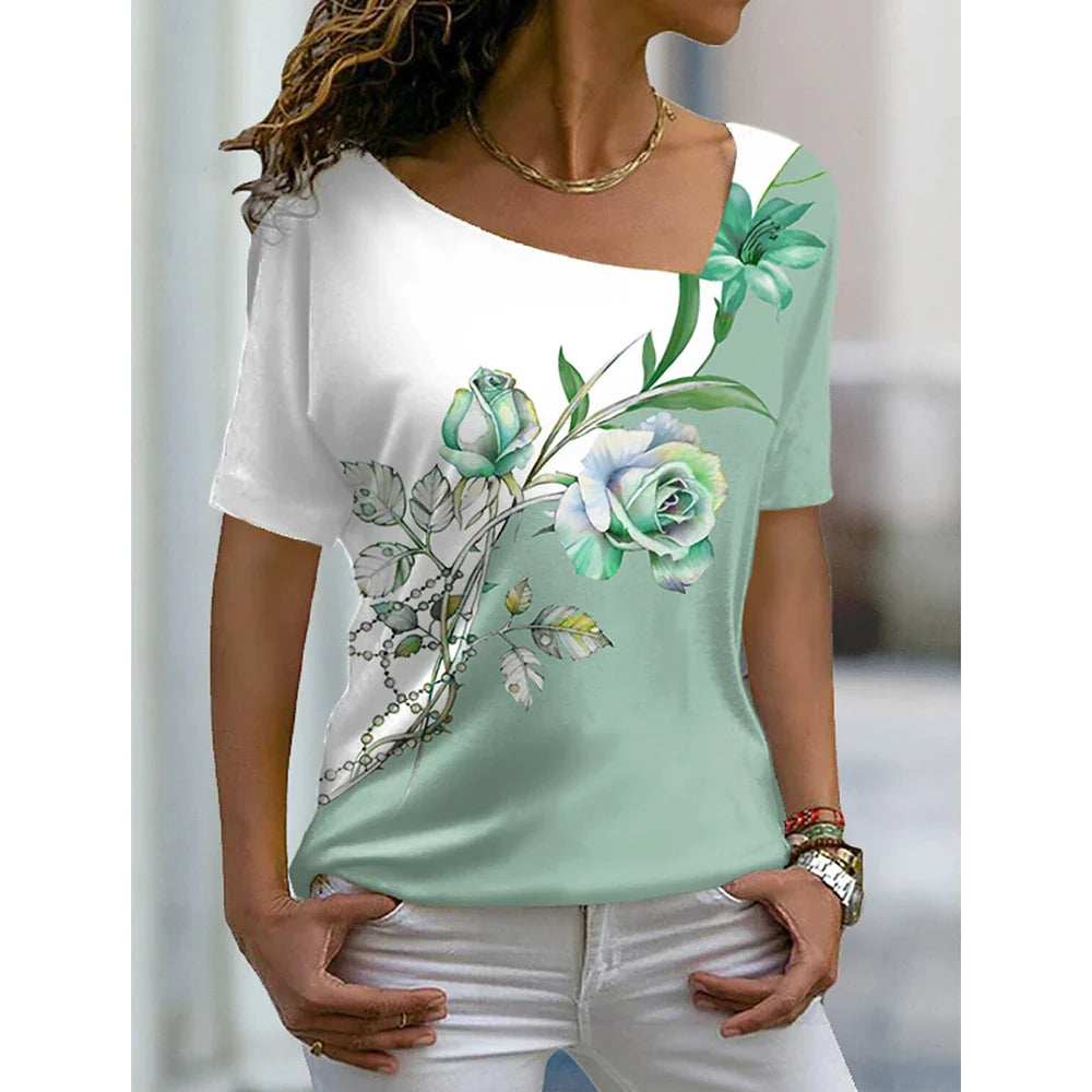 2023 Women’s Floral Theme Printed Painting Tee Shirts V Neck Casual Female Daily Pullover New T