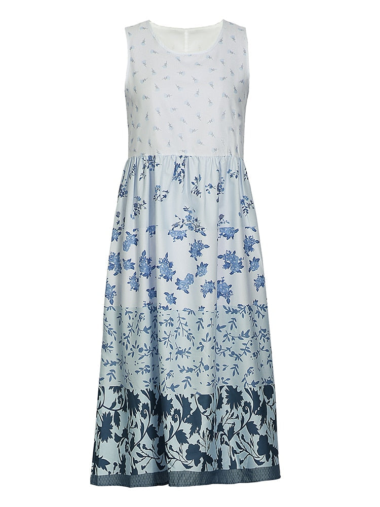 Plus Size Casual Women Summer Midi Dress 5Xl 2023 Large Floral Print Sleeveless Crewneck A Line Boho