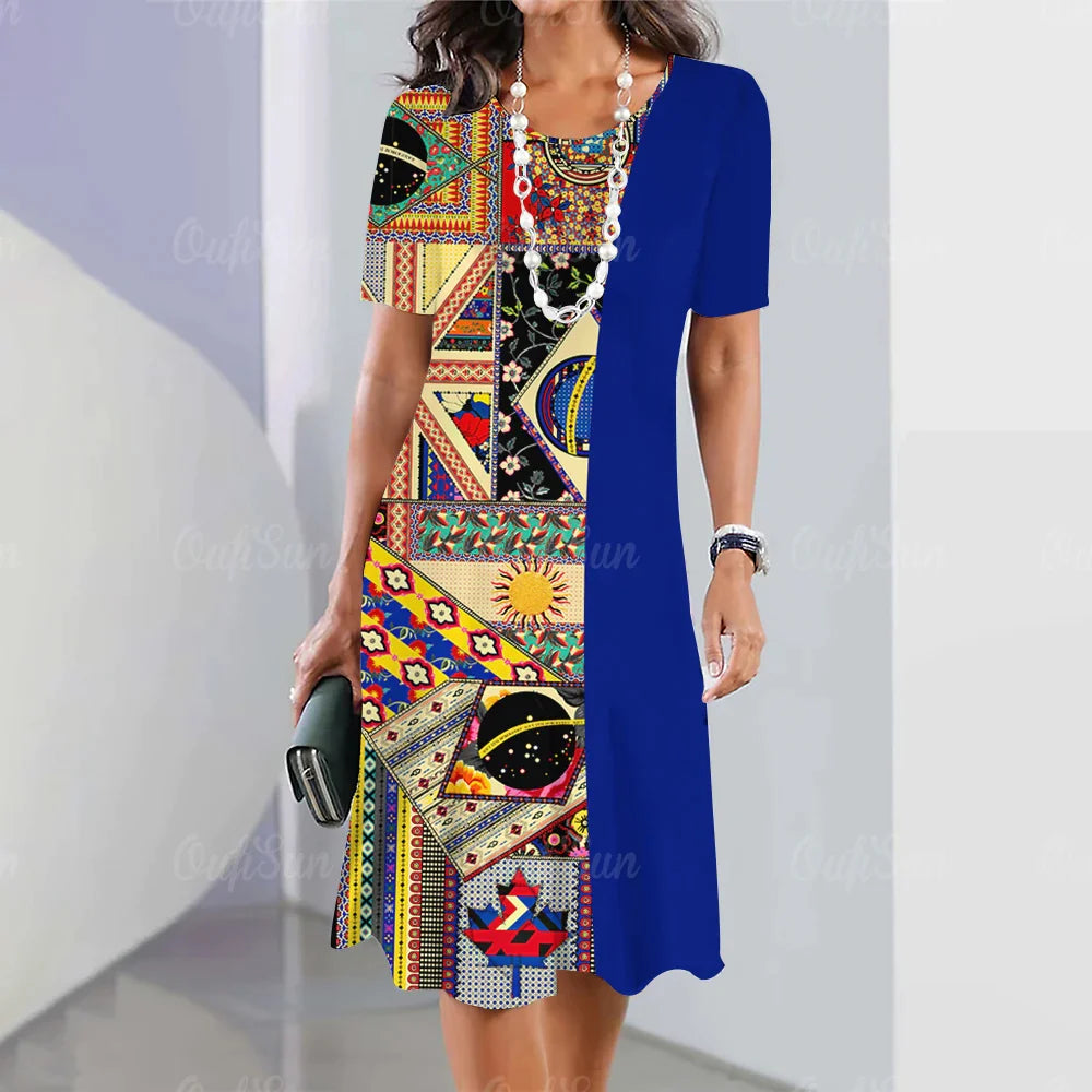 Summer Dresses For Women Fashion Colorblock Print Top Holiday Casual Short Sleeve Harajuku Floral