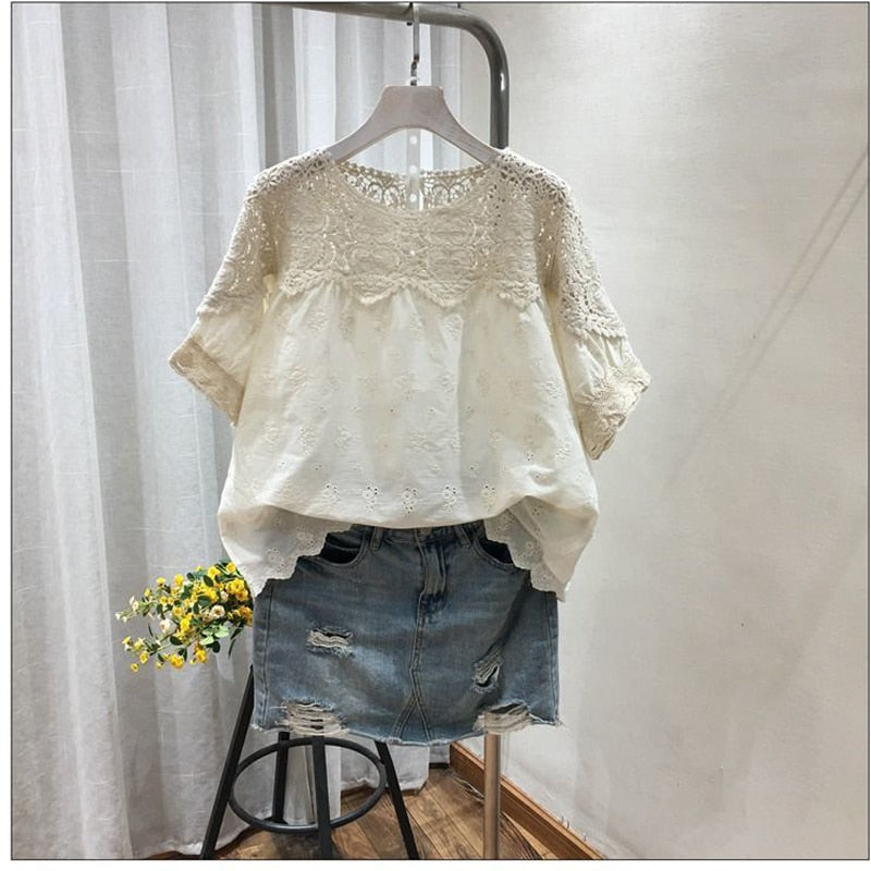 Cotton Embroidery Hollow Short-Sleeved Shirt Female 2023 Summer New Korean Design Sense Of Fashion