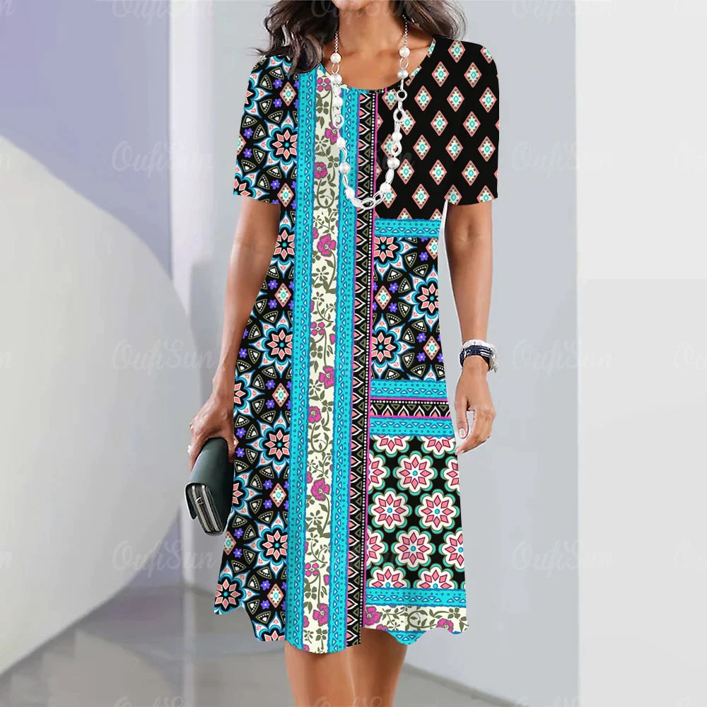 Summer Dresses For Women Fashion Colorblock Print Top Holiday Casual Short Sleeve Harajuku Floral