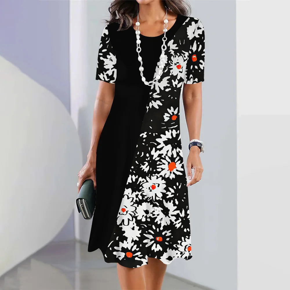 Summer Dresses For Women Fashion Colorblock Print Top Holiday Casual Short Sleeve Harajuku Floral