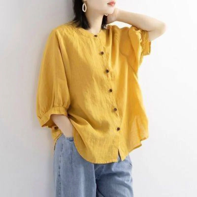 Puff Sleeve Summer Linen Shirts Women Loose Vintage Tops Blouse Casual Big Size Women’s Clothing