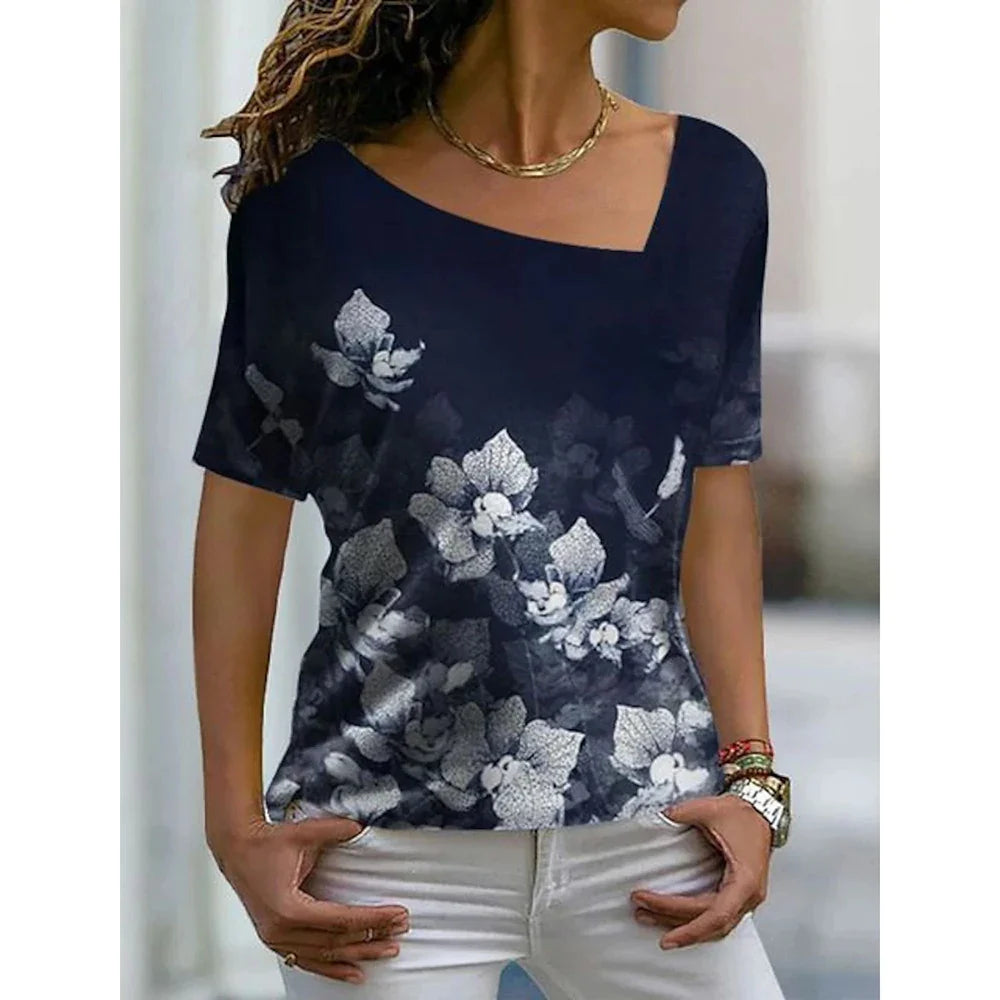 2023 Women’s Floral Theme Printed Painting Tee Shirts V Neck Casual Female Daily Pullover New T