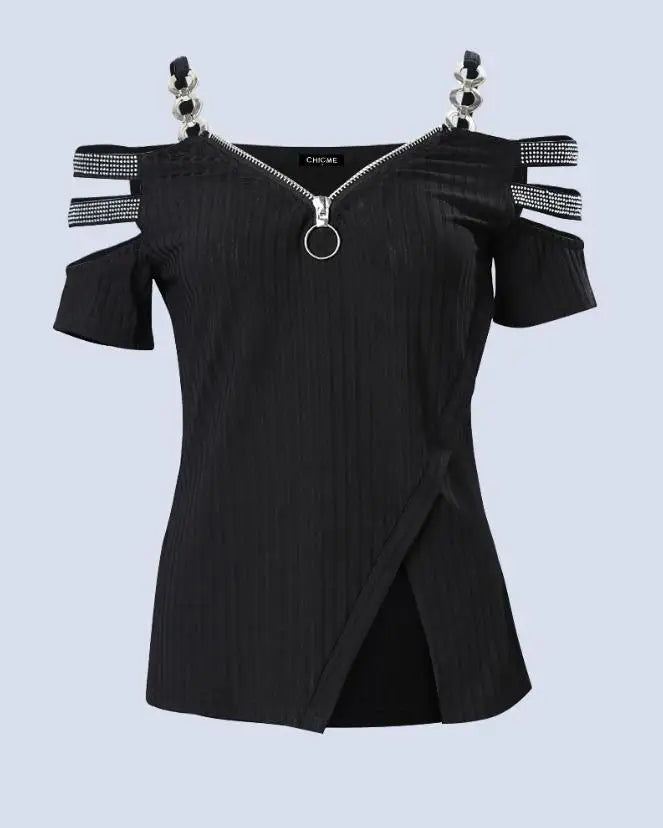 Fashion Y2K Women’s Top 2023 Summer Casual Rhinestone Decoration Zipper Details Split Bottom Cold