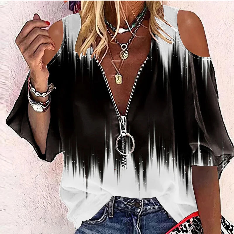New Elegant Off Shoulder Shirt Blouse Women Casual Letter Print V Neck Zipper Tops Patchwork Loose