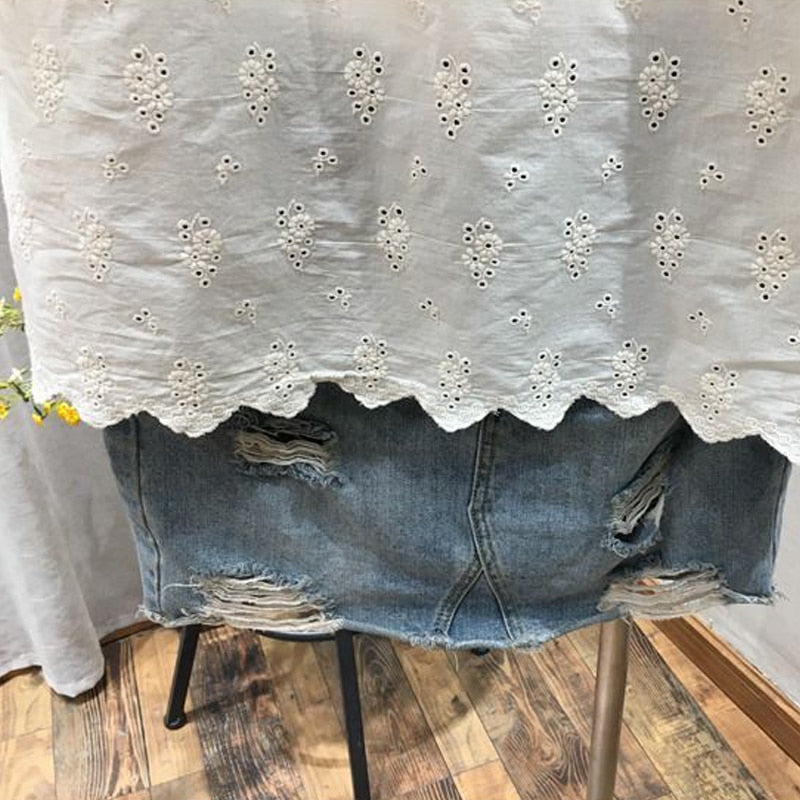 Cotton Embroidery Hollow Short-Sleeved Shirt Female 2023 Summer New Korean Design Sense Of Fashion