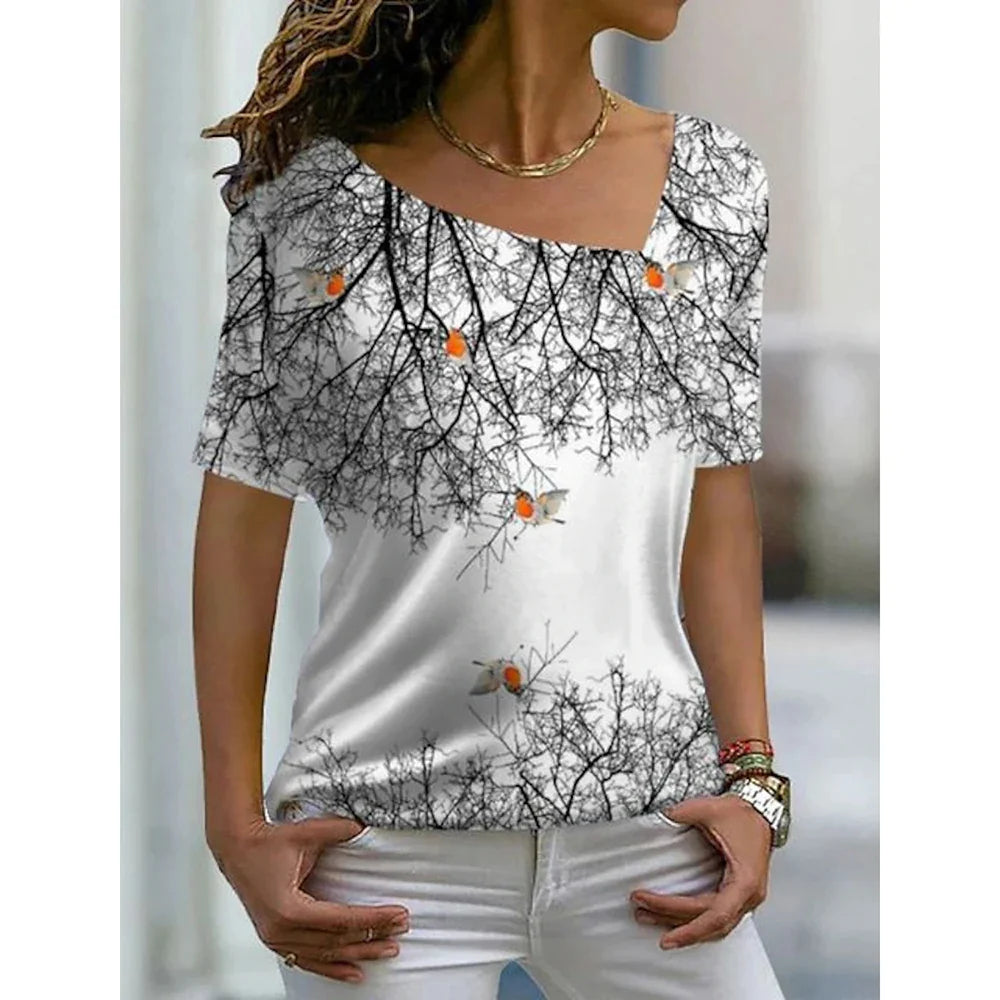 2023 Women’s Floral Theme Printed Painting Tee Shirts V Neck Casual Female Daily Pullover New T