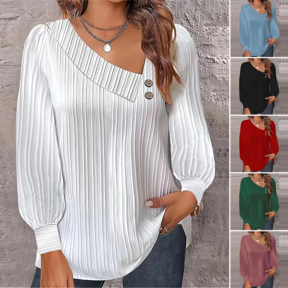 2024 Spring/Summer New Simple V - Neck T - Shirt Women’s Solid Color Long Sleeve Shirt Oblique