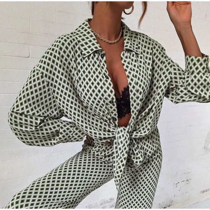 2022 Cross Border Hot Edition Street Trendy Print Trouser Set Long Sleeve Full Screen Off Shoulder