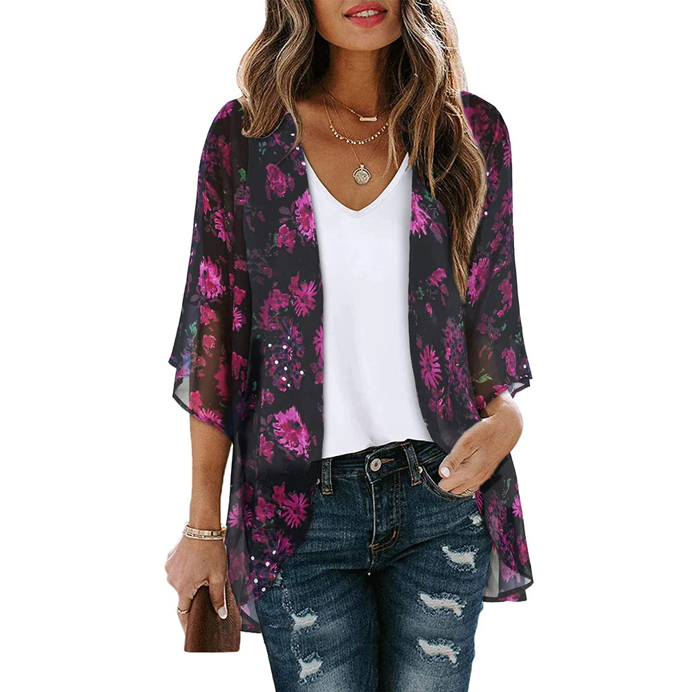2023 New Women Summer Long Flowy Kimono Cardigans Boho Chiffon Floral Beach Cover Up Tops Beachwear