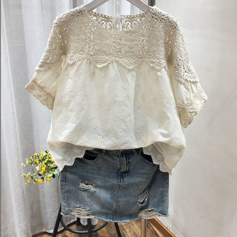 Cotton Embroidery Hollow Short-Sleeved Shirt Female 2023 Summer New Korean Design Sense Of Fashion