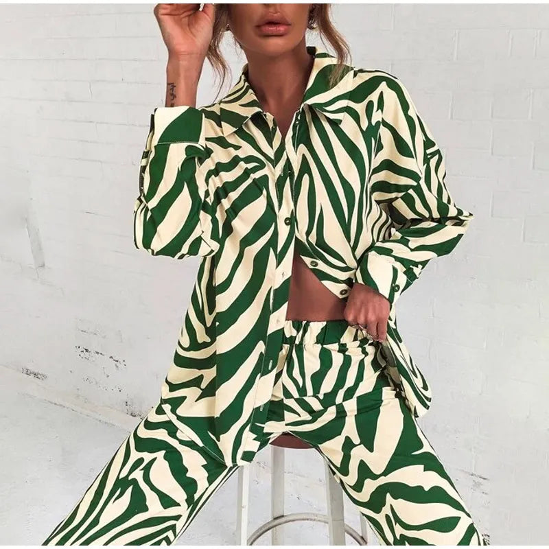 2022 Cross Border Hot Edition Street Trendy Print Trouser Set Long Sleeve Full Screen Off Shoulder