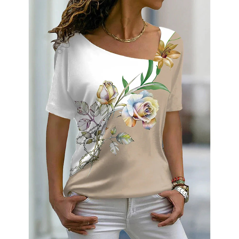 2023 Women’s Floral Theme Printed Painting Tee Shirts V Neck Casual Female Daily Pullover New T