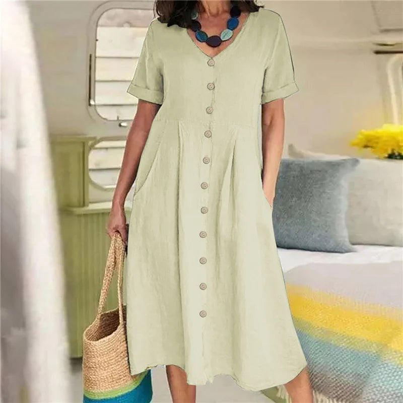 Women’s Clothing Summer Casual V Neck Short Sleeve Cotton Linen Midi Dress Solid Loose High Waist