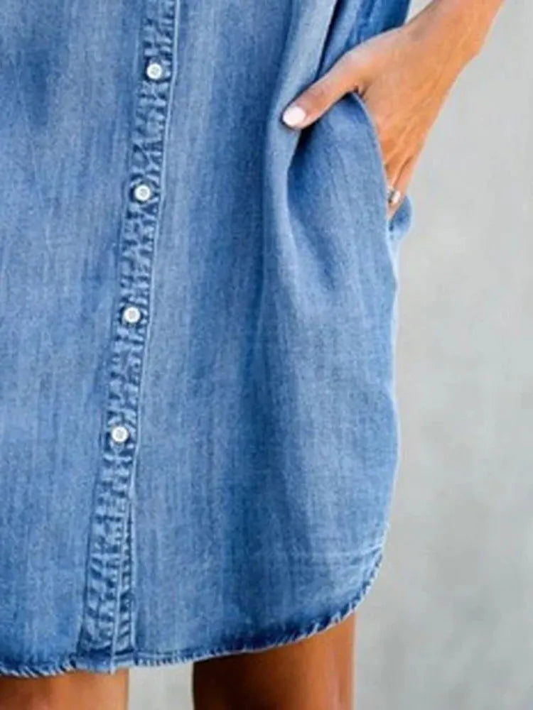 Summer New Single Breasted Denim Shirt Dress Womens Casual Loose Pocket Simple Retro Commuter Female