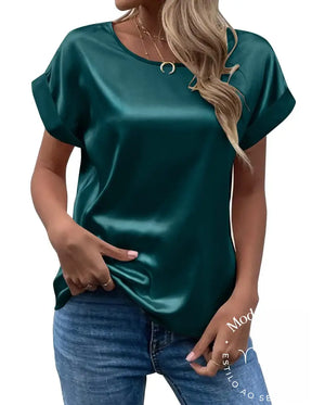 Spring And Summer New Women’s Short Sleeve Satin Shirt Loose Casual Round Neck Colored Ding T -
