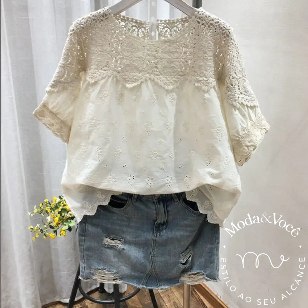 Cotton Embroidery Hollow Short-Sleeved Shirt Female 2023 Summer New Korean Design Sense Of Fashion