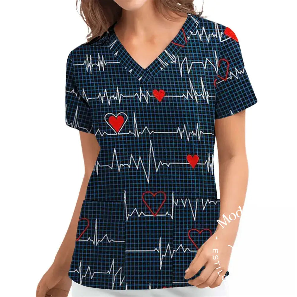 Love Womens T - Shirts Medical Nursing Uniform Stretch Ombre Print V - Neck Short Sleeve T Shirt