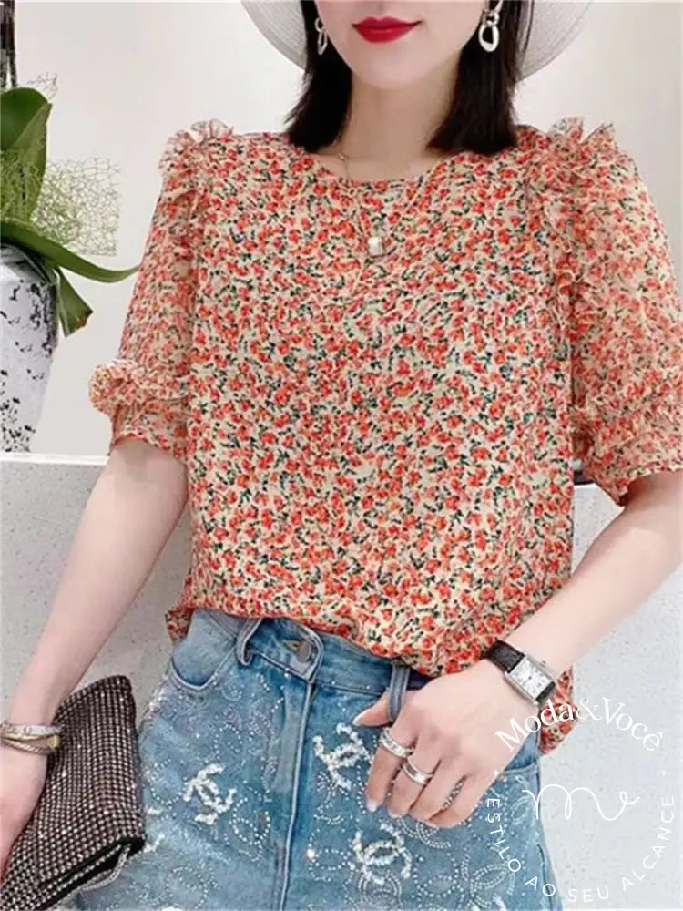 Woman Summer Style Blouses Tops Lady Casual Short Lantern Sleeve O-Neck Simple Flower Printed Blusas