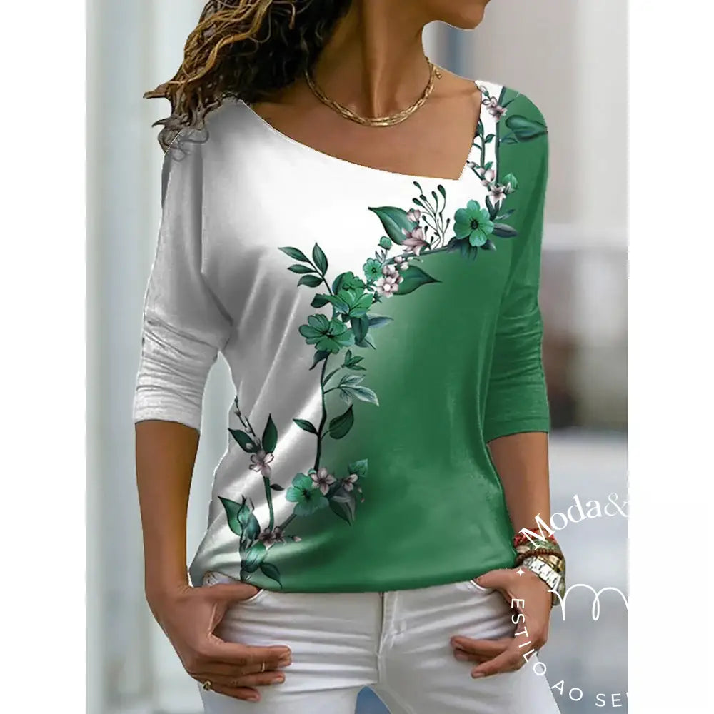 2023 Women’s Floral Theme Printed Painting Tee Shirts V Neck Casual Female Daily Pullover New T