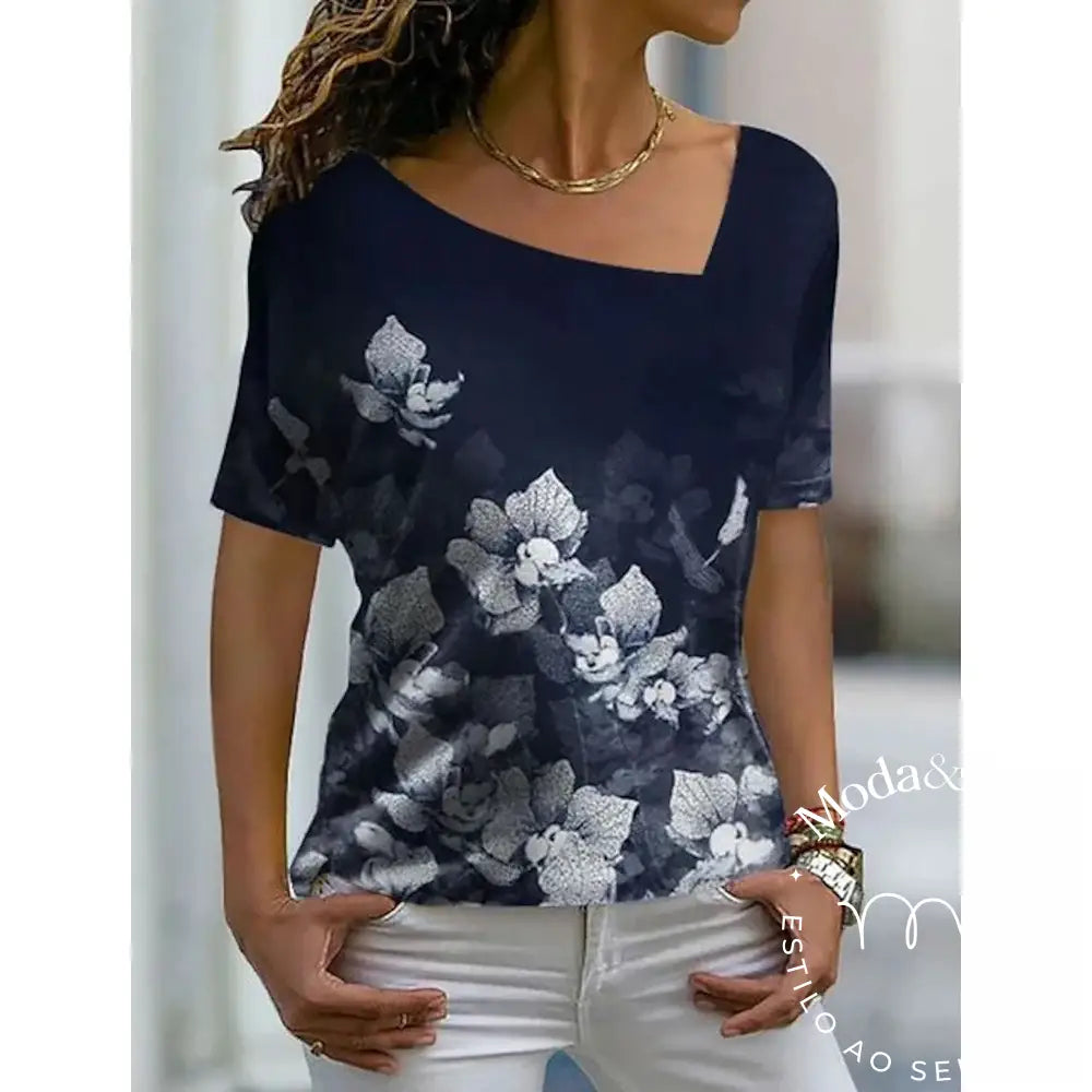 2023 Women’s Floral Theme Printed Painting Tee Shirts V Neck Casual Female Daily Pullover New T