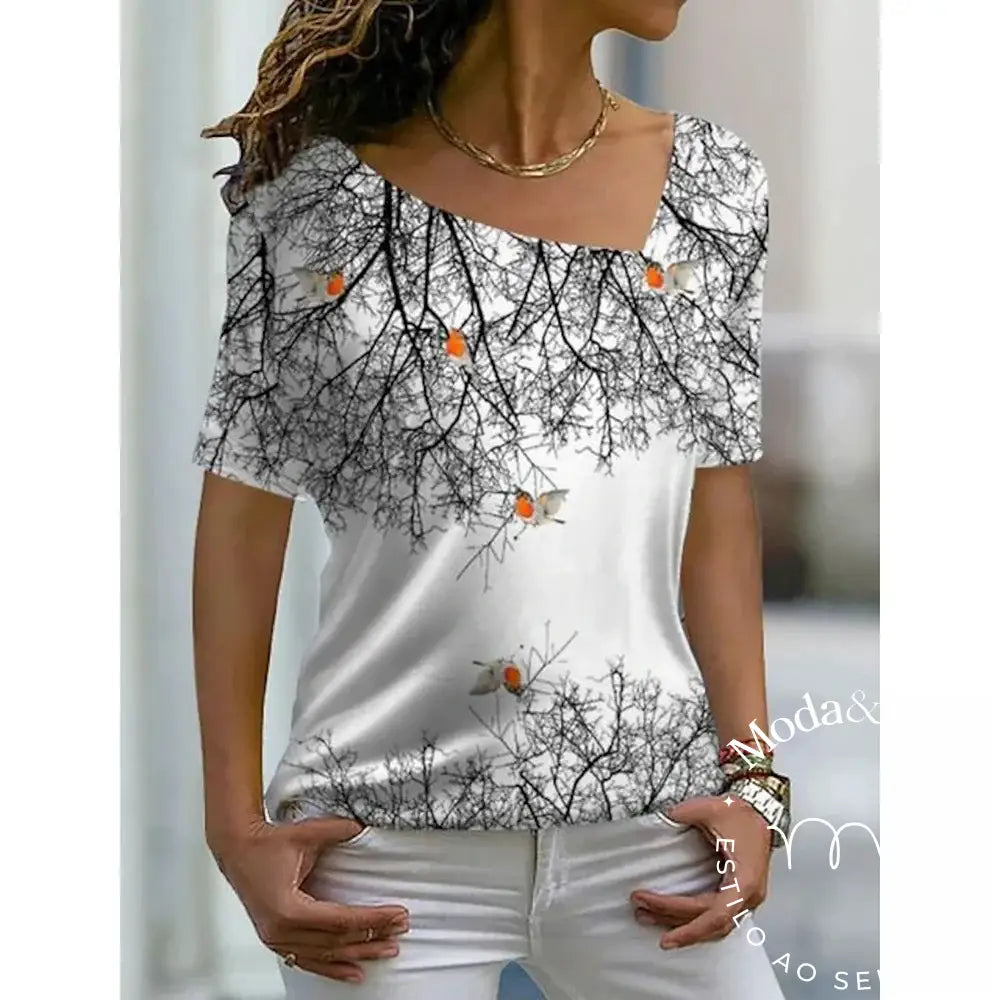 2023 Women’s Floral Theme Printed Painting Tee Shirts V Neck Casual Female Daily Pullover New T