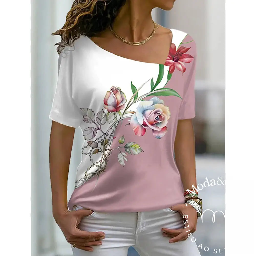 2023 Women’s Floral Theme Printed Painting Tee Shirts V Neck Casual Female Daily Pullover New T