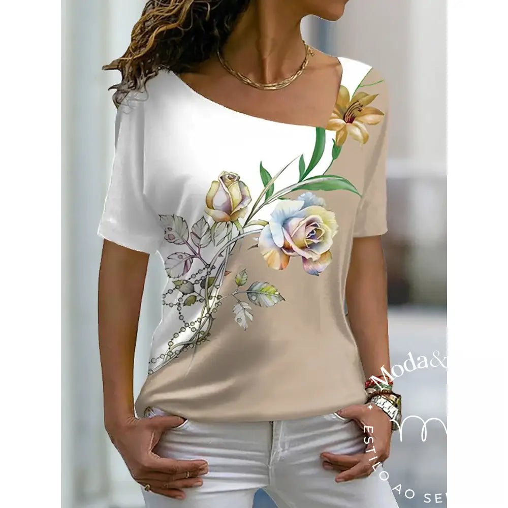 2023 Women’s Floral Theme Printed Painting Tee Shirts V Neck Casual Female Daily Pullover New T