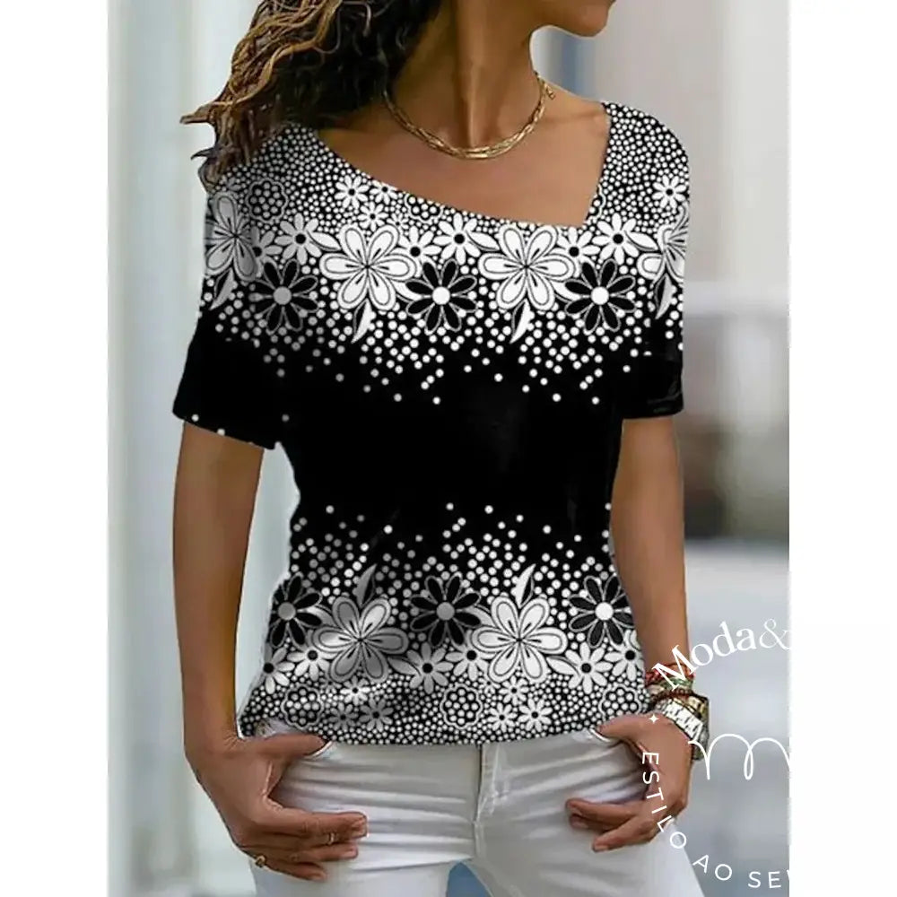 2023 Women’s Floral Theme Printed Painting Tee Shirts V Neck Casual Female Daily Pullover New T