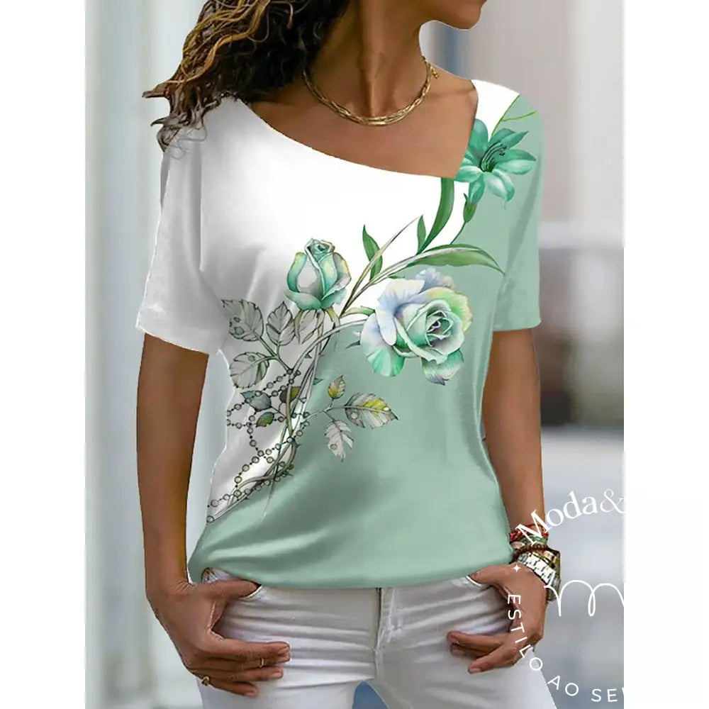 2023 Women’s Floral Theme Printed Painting Tee Shirts V Neck Casual Female Daily Pullover New T