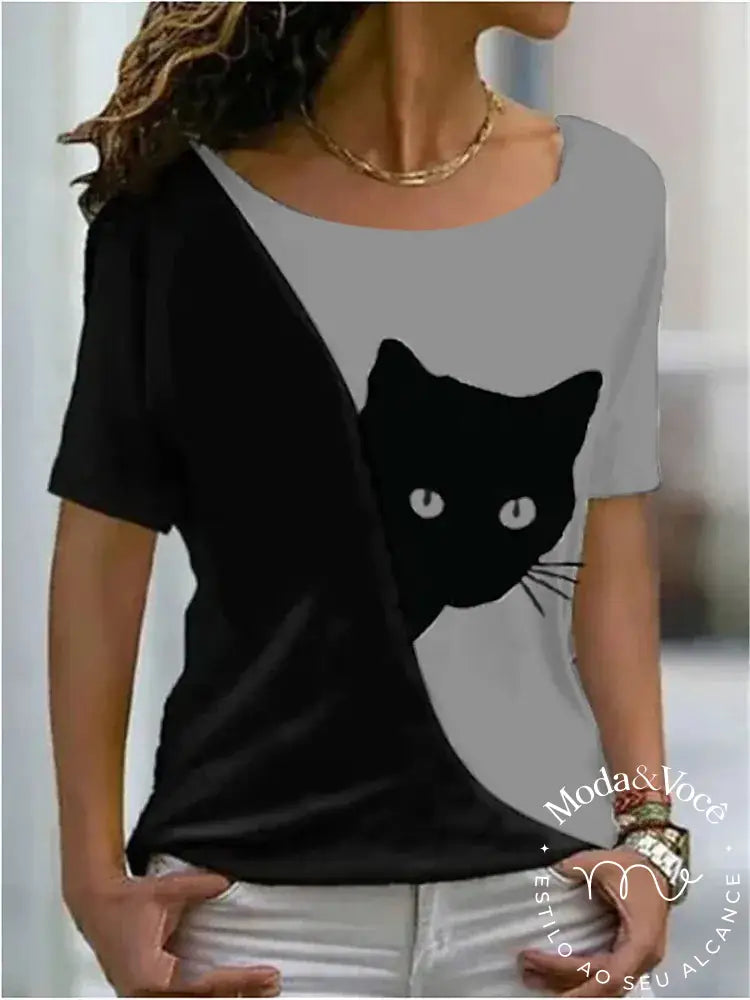 2022 Summer Women’s Cat Theme Printed Painting Tee Shirts O - Neck Casual Female Tops Daily
