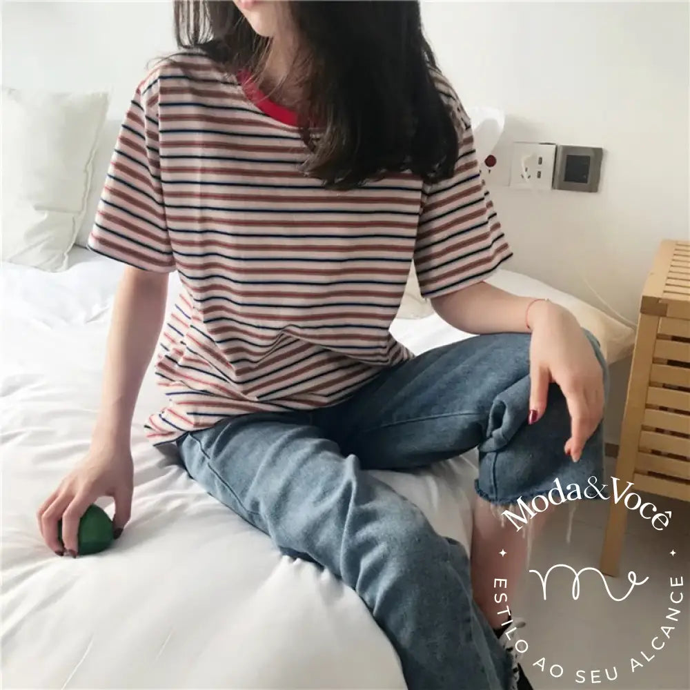 Women’s Fashion Summer Casual T Shirt Short Sleeve O - Neck Korean Style Striped Loose Tee