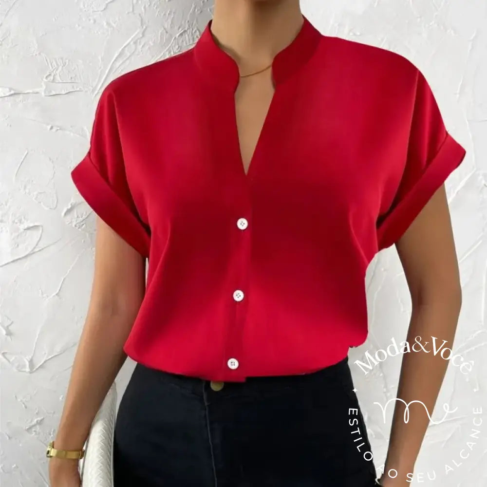 Summer Minimalist Women’s V - Neck Shirt 2023 Elegant Satin Red Short Sleeved Single Breasted