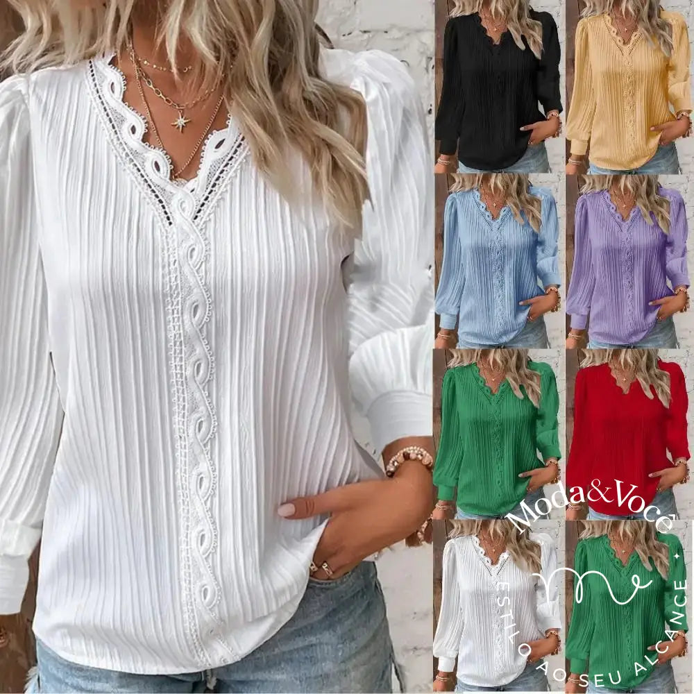 2024 Women Lace Stitching Shirt Solid V - Neck Simple Black Chiffon Decoration Hollow Out Fashion